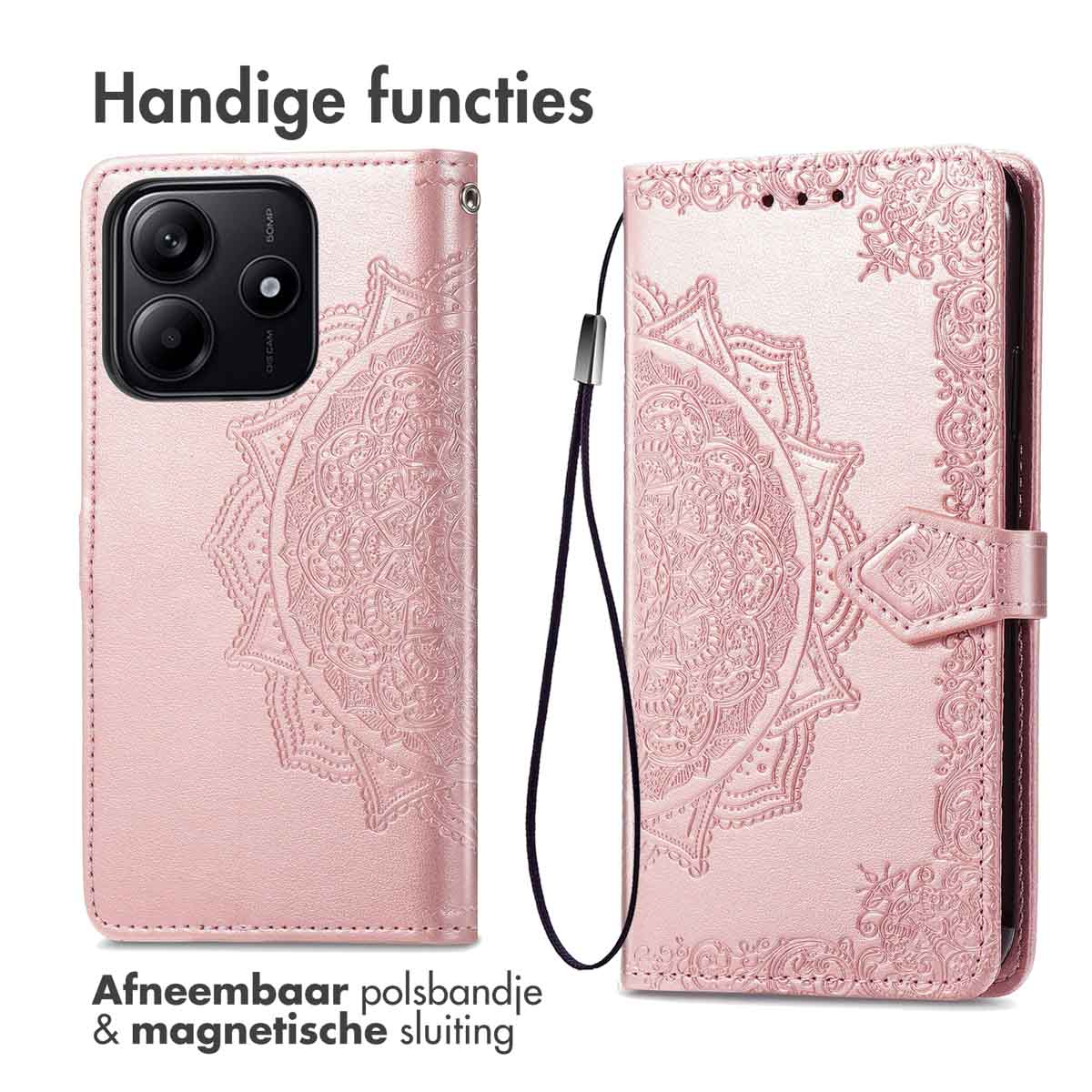 IMOSHION Mandala Bookcase - Geschikt voor Xiaomi Redmi Note 14 (5G) - Telefoonhoesje voor Xiaomi Xiaomi Redmi Note 14 5G Rosé goud