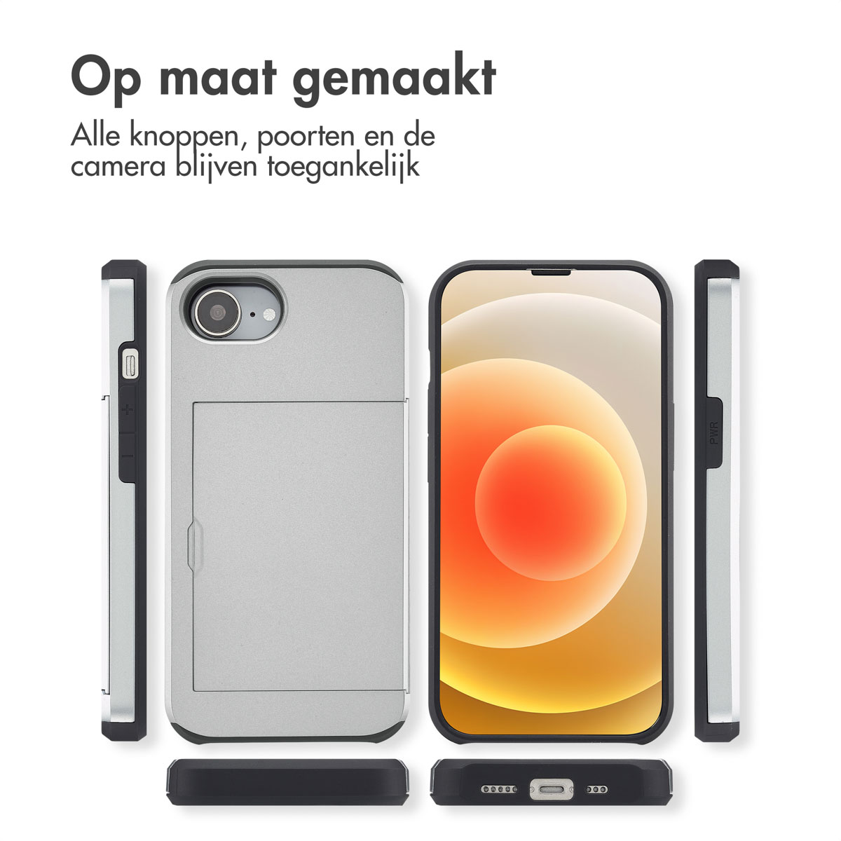 Zilveren telefoonhoes met kaarthouder, die pasvorm en toegankelijkheid laat zien.