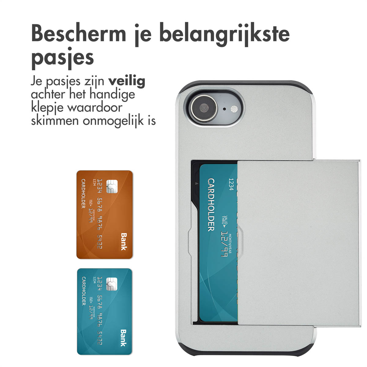 Zilveren telefoonhoes met kaarthouders en creditcards. Toont twee creditcards in de hoes.