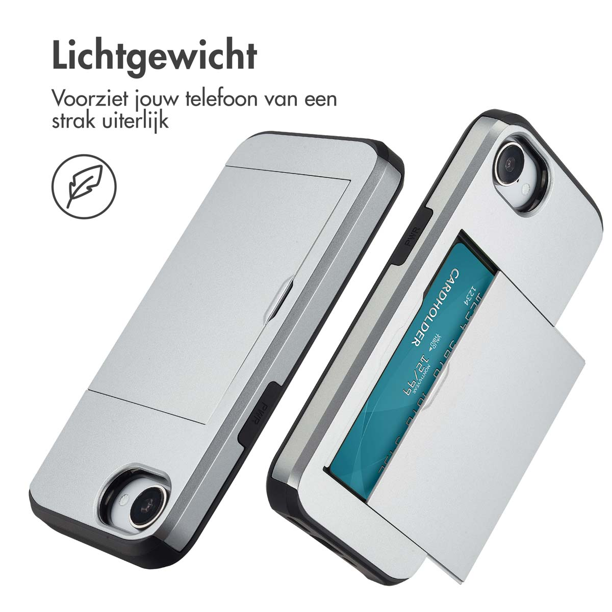 Twee zilveren telefoonhoesjes, een met kaarthouder. Een kaart is zichtbaar in de sleuf.