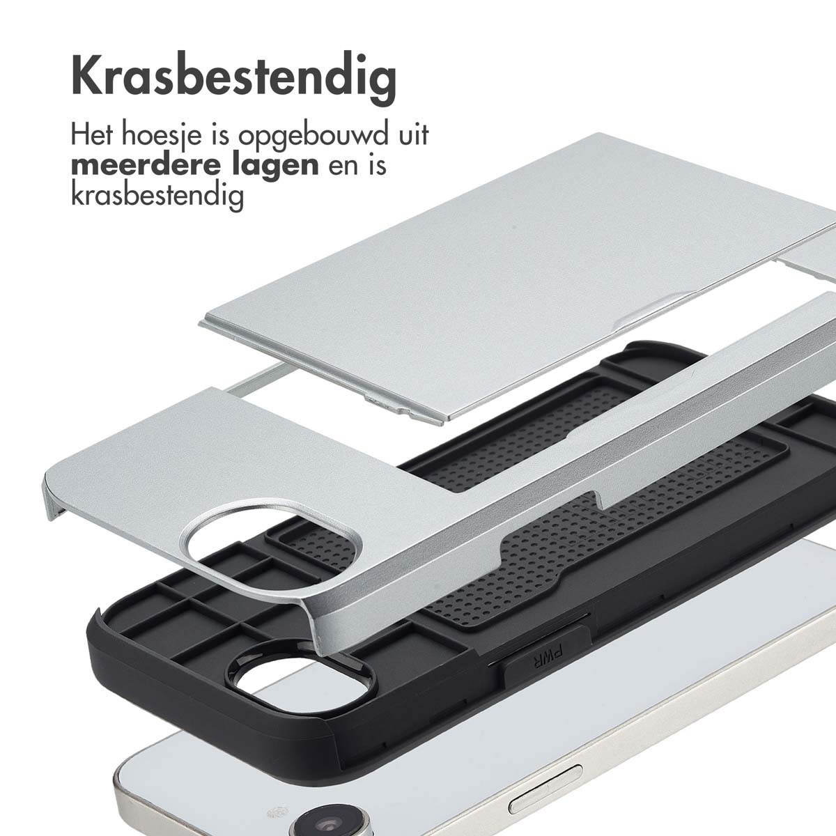 Telefoonhoeslagen. Zilver boven, zwart midden, wit onder, telefoon. Witte achtergrond.