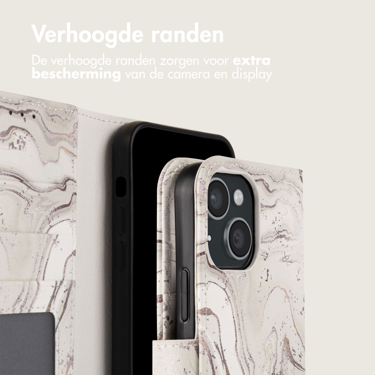 Telefoonhoes met een marmerontwerp, die de telefoon binnenin laat zien, en een open gedeelte.