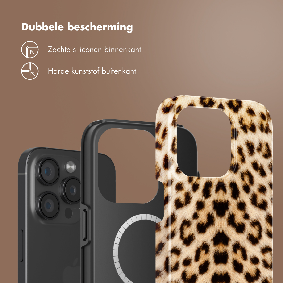 Coques de téléphone : une avec un motif léopard, une noire et une ouverture pour l'appareil photo.