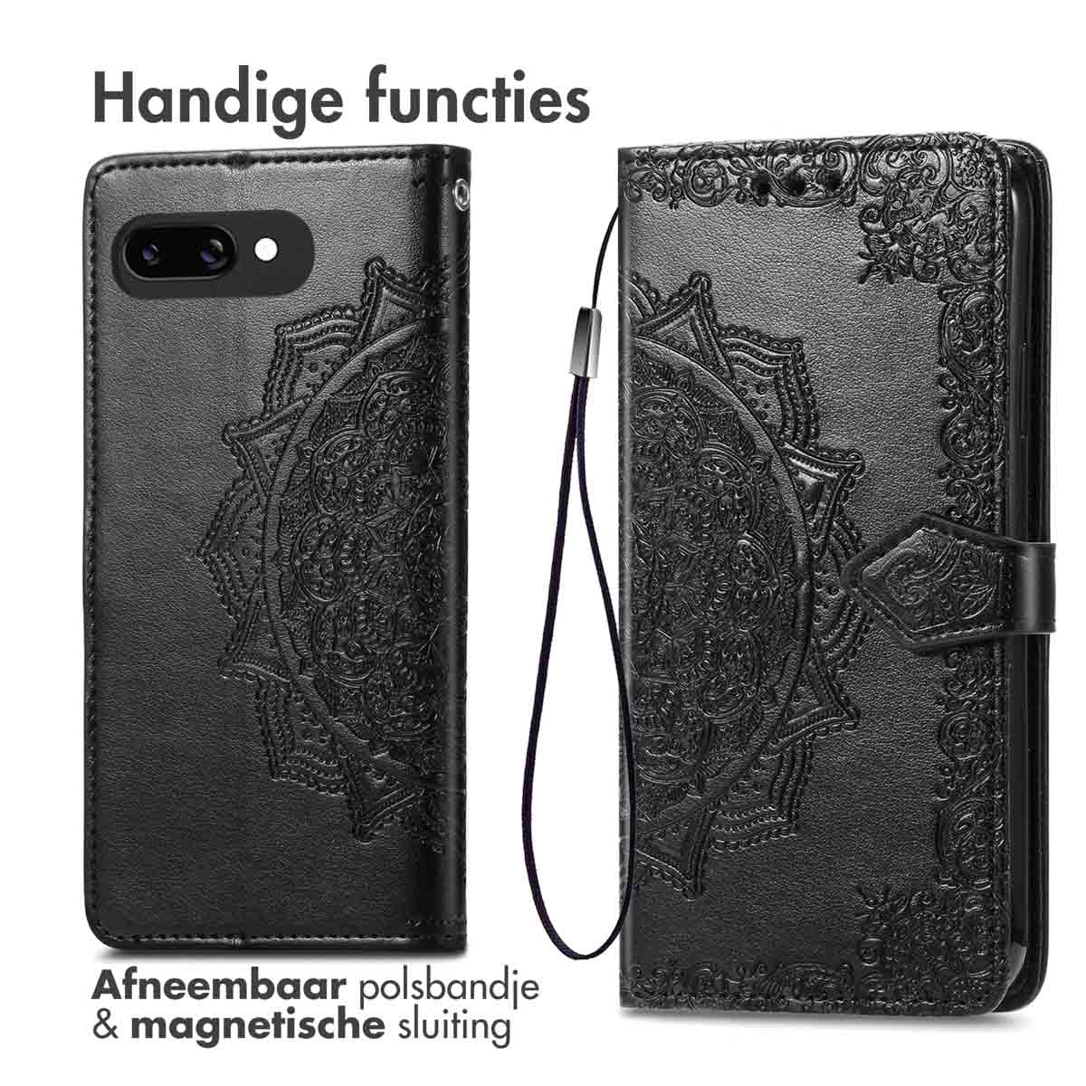 Coque de téléphone ouverte. L'étui est noir avec un motif décoratif et une dragonne.