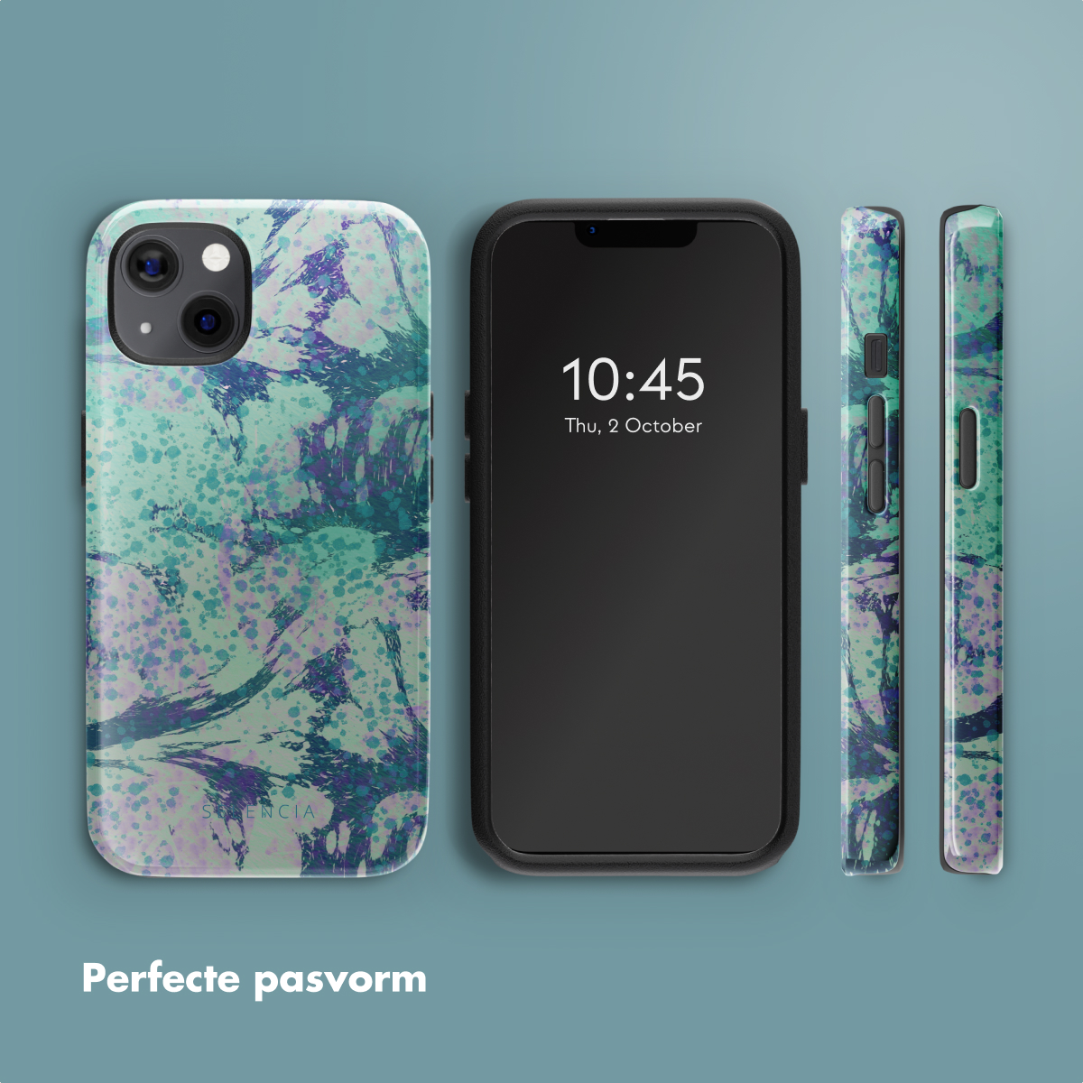 Téléphone avec une coque à motif abstrait bleu et vert, et deux vues latérales.