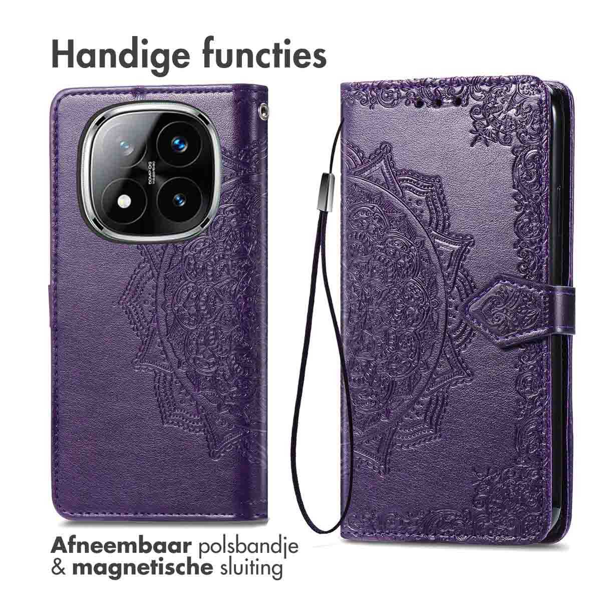 IMOSHION Mandala Bookcase - Geschikt voor Xiaomi Redmi Note 14 Pro (5G) - Telefoonhoesje voor Xiaomi Xiaomi Redmi Note 14 Pro 5G Paars
