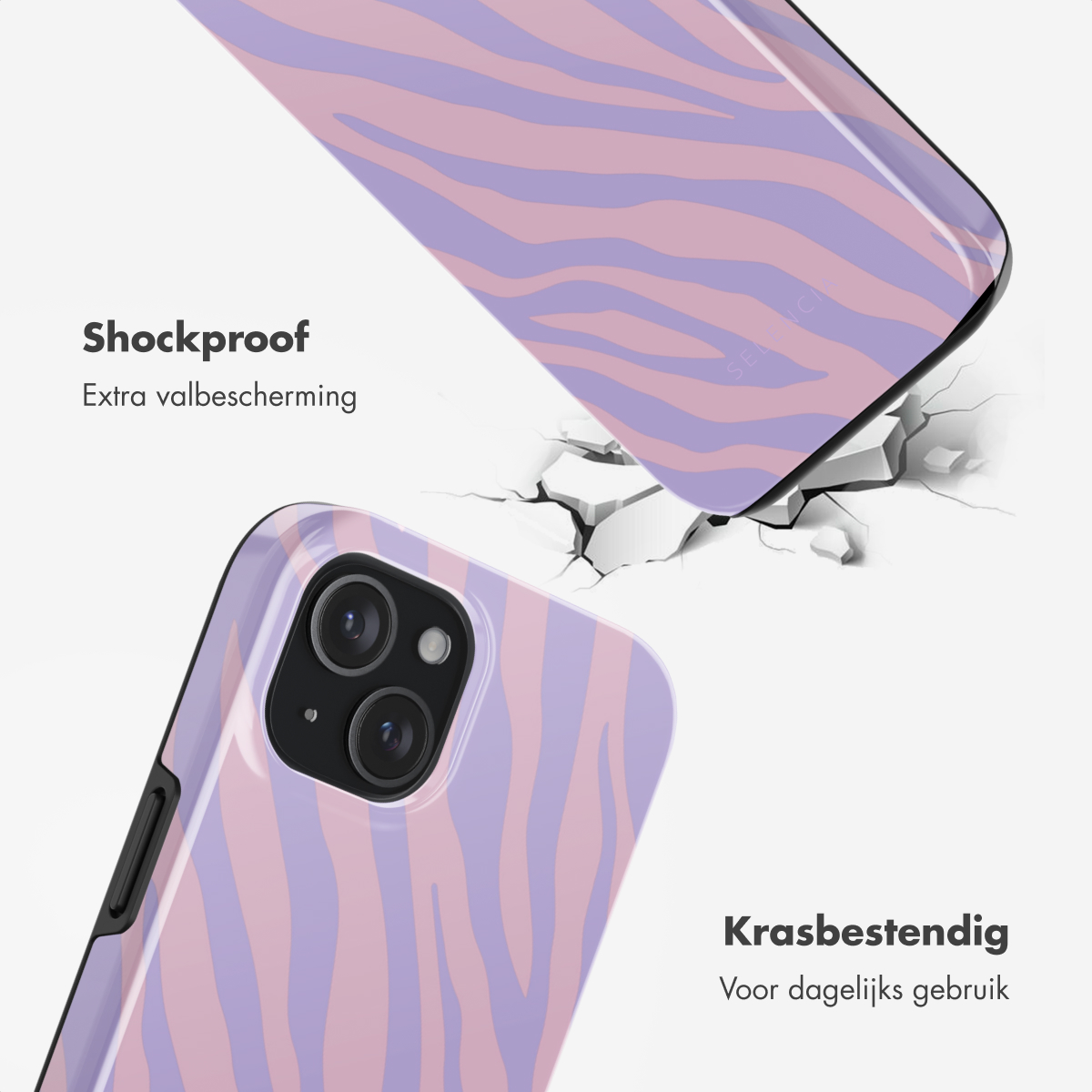 Twee telefoonhoesjes met zebraprint, beide met scheureffect.