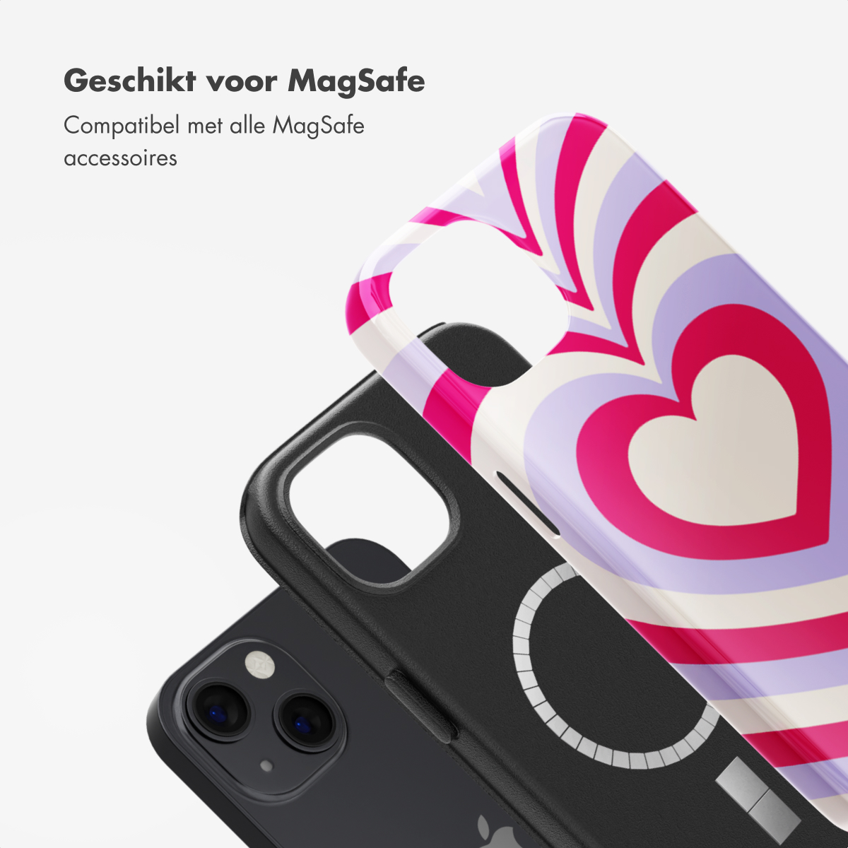 iPhone noir avec une coque présentant un motif de cœur coloré.