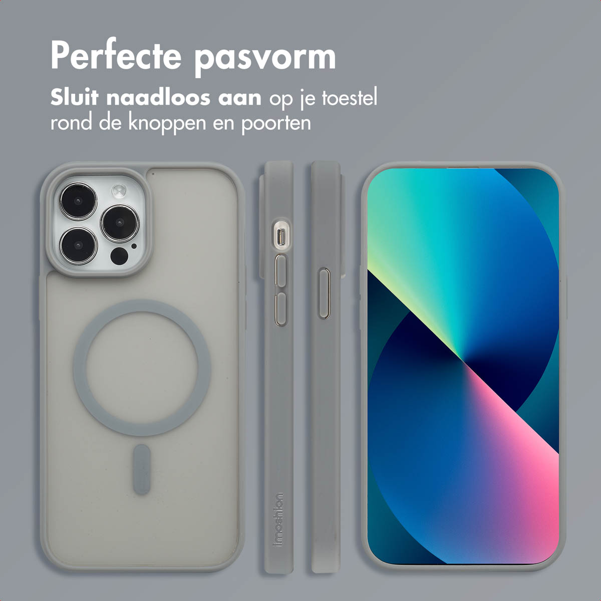 Trois vues d'une coque de téléphone grise : avant, côté et arrière. Un téléphone avec écran bleu.
