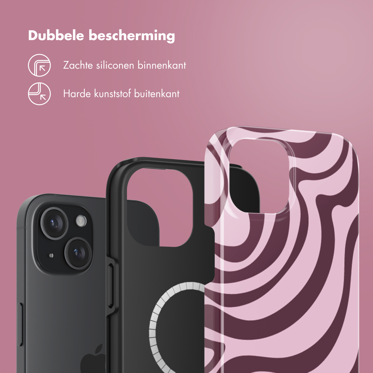 Trois coques de téléphone avec différents designs. Texte : Double protection : silicone souple à l'intérieur, plastique dur à l'extérieur.