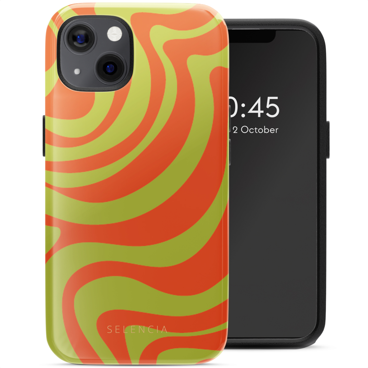 iPhone dans un étui avec un design tourbillonnant orange et vert, avec une bordure noire.