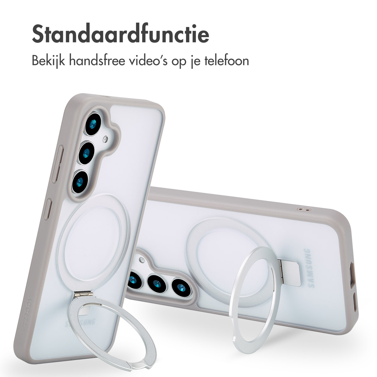Twee telefoons, één die de achterkant laat zien en een andere die het scherm laat zien met een ringstandaard.