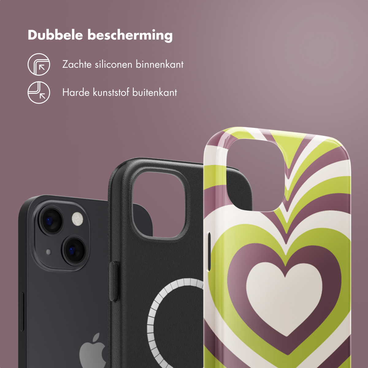 Coques de téléphone devant un fond dégradé. Texte : 'Double protection'.