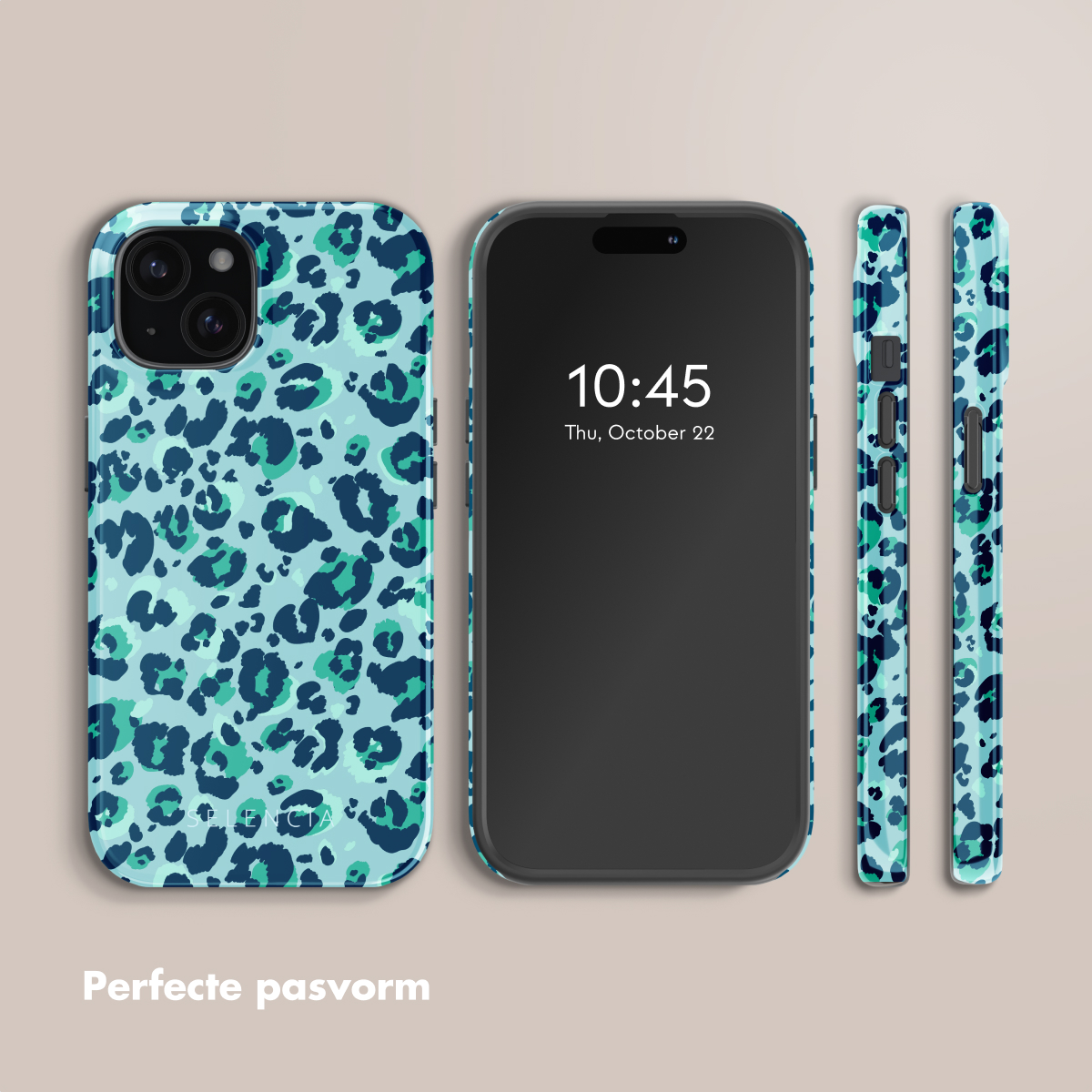 Phone case with spots. A phone on the right showing time. Blue and green spots.