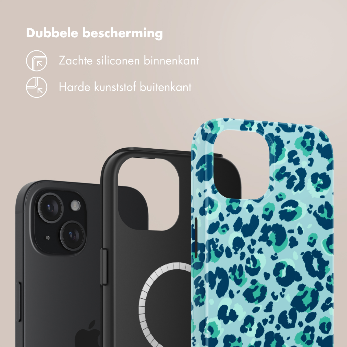 Phone case with a leopard print design. A phone is in the black case. Black background.