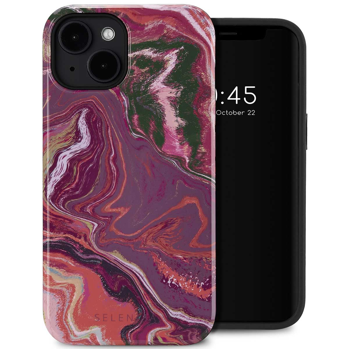 Custodia per telefono con un design marmorizzato. La custodia del telefono con un telefono. Lo sfondo è rosa.