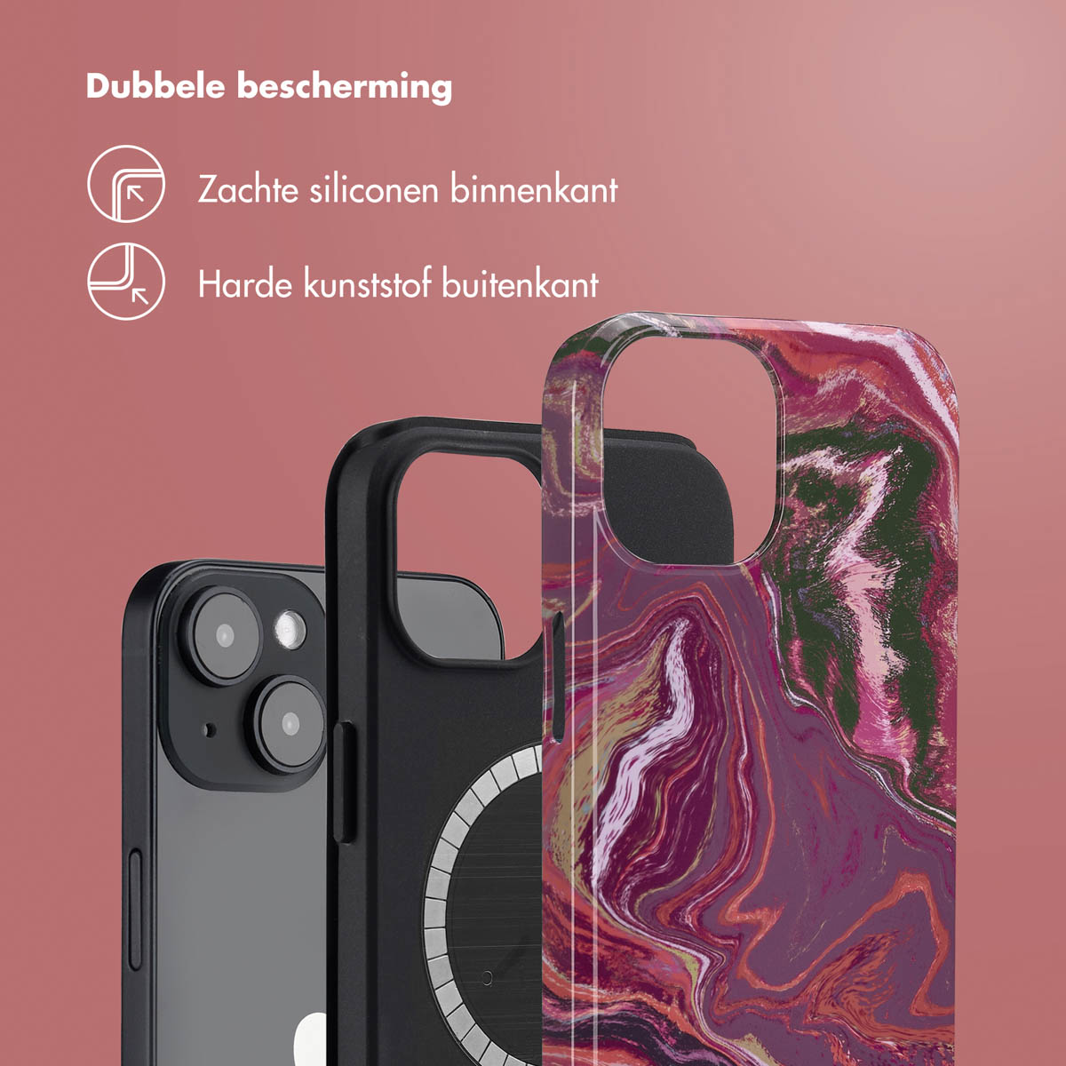 Tre custodie per telefono: nera, rosso marmorizzato e un telefono. Sfondo rosso, con testo.