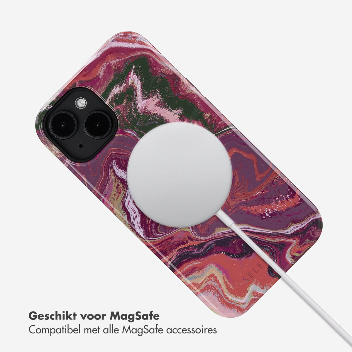 Custodia per telefono con un design marmorizzato. Un cerchio bianco è collegato al telefono.