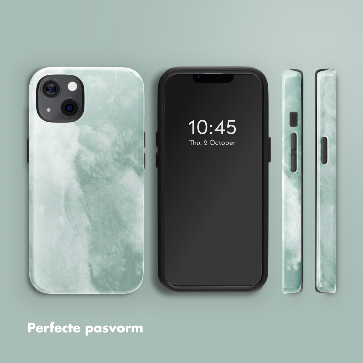 Téléphone avec coque verte aquarelle. L'heure est affichée sur l'écran.