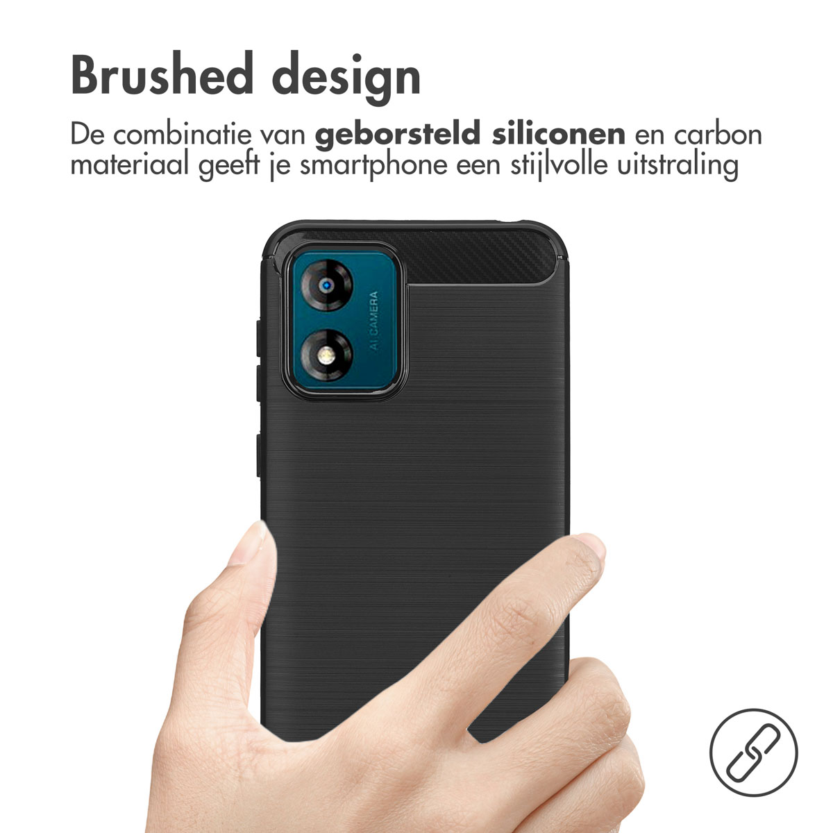 Zwarte telefoonhoes met een geborsteld design, met een gestructureerd oppervlak en een hand.