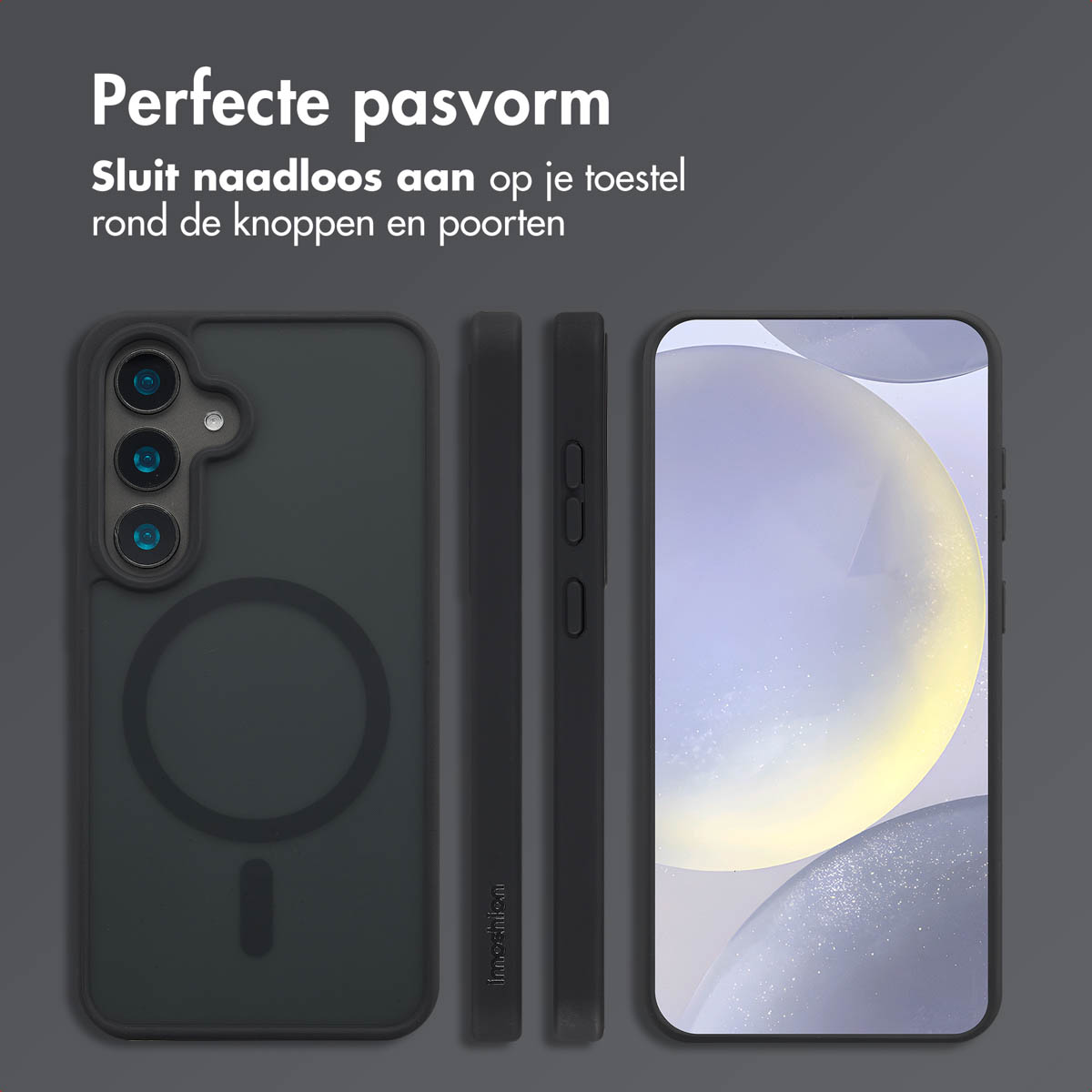 Coque de téléphone, téléphone et pièces latérales. Coque noire avec support d'anneau. Fond gris foncé. Téléphone noir.