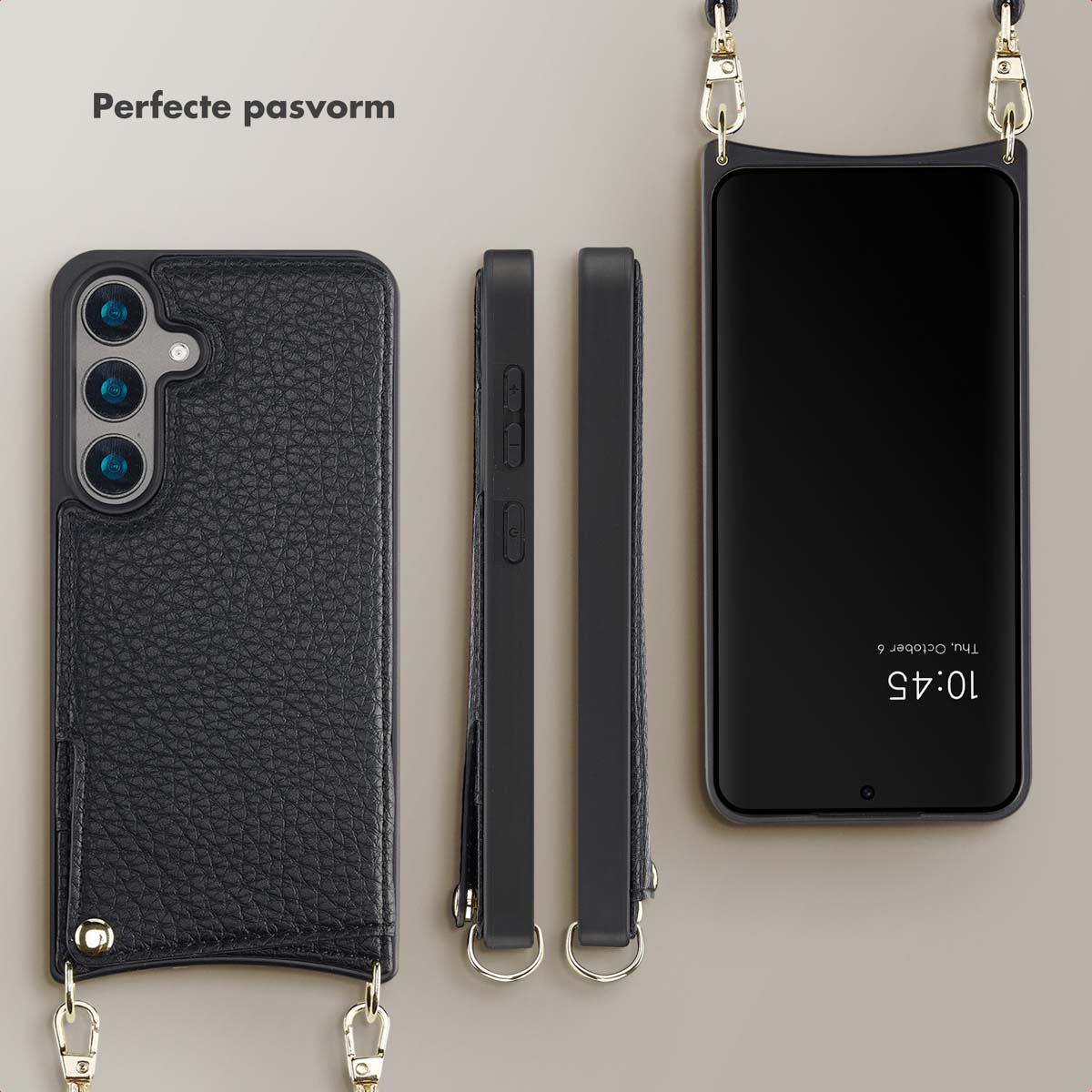Custodia per telefono in pelle nera con cinturino e telefono. Il telefono mostra l'ora 10:45.