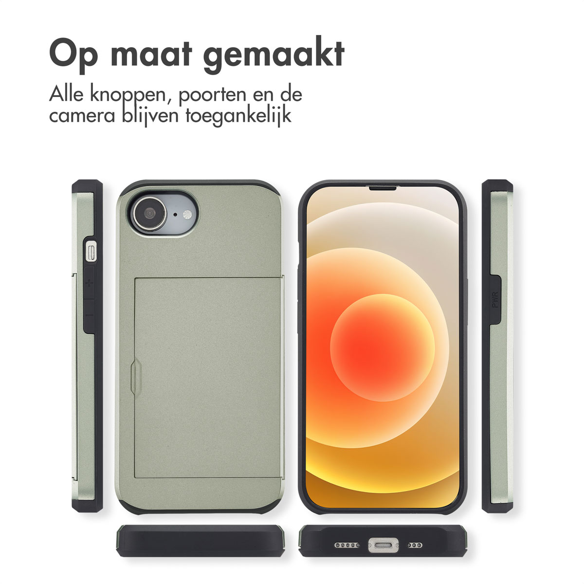 Een telefoon met een groene hoes. Het scherm van de telefoon staat aan.