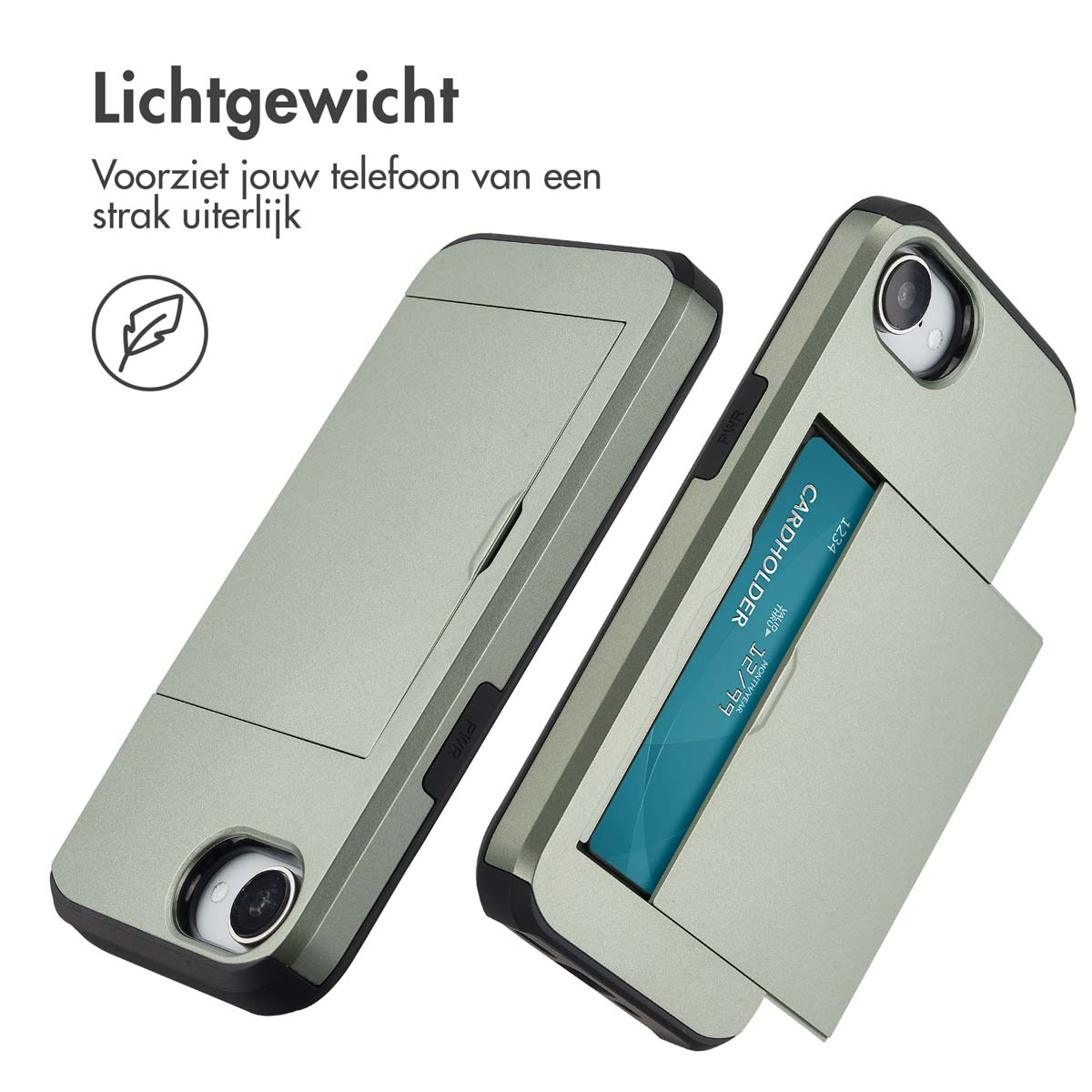 Twee telefoonhoesjes met een kaarthouder, een open, met een blauwe kaart, op een witte ondergrond.
