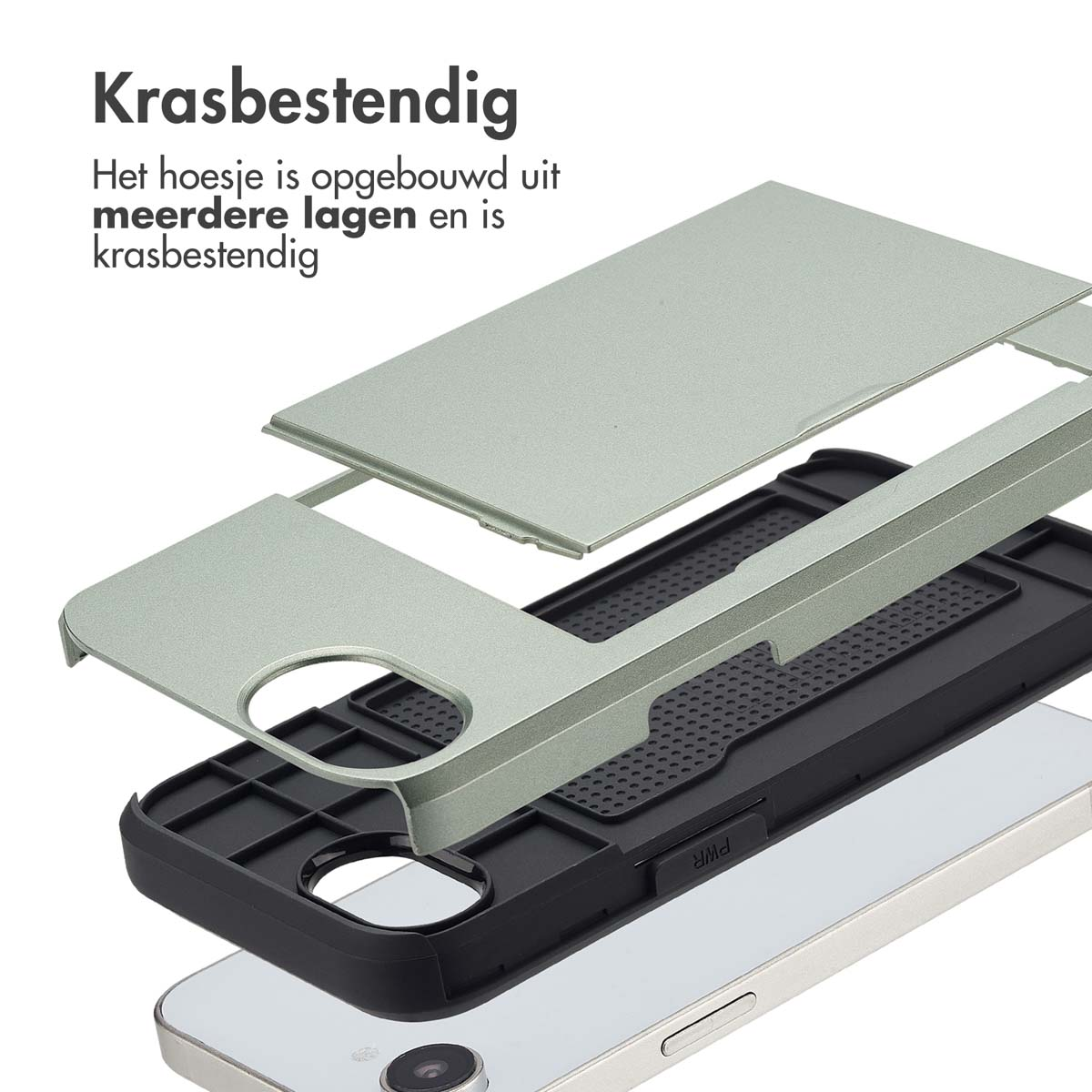 Een telefoonhoesje met een meerlaags ontwerp, dat de krasbestendigheid laat zien.