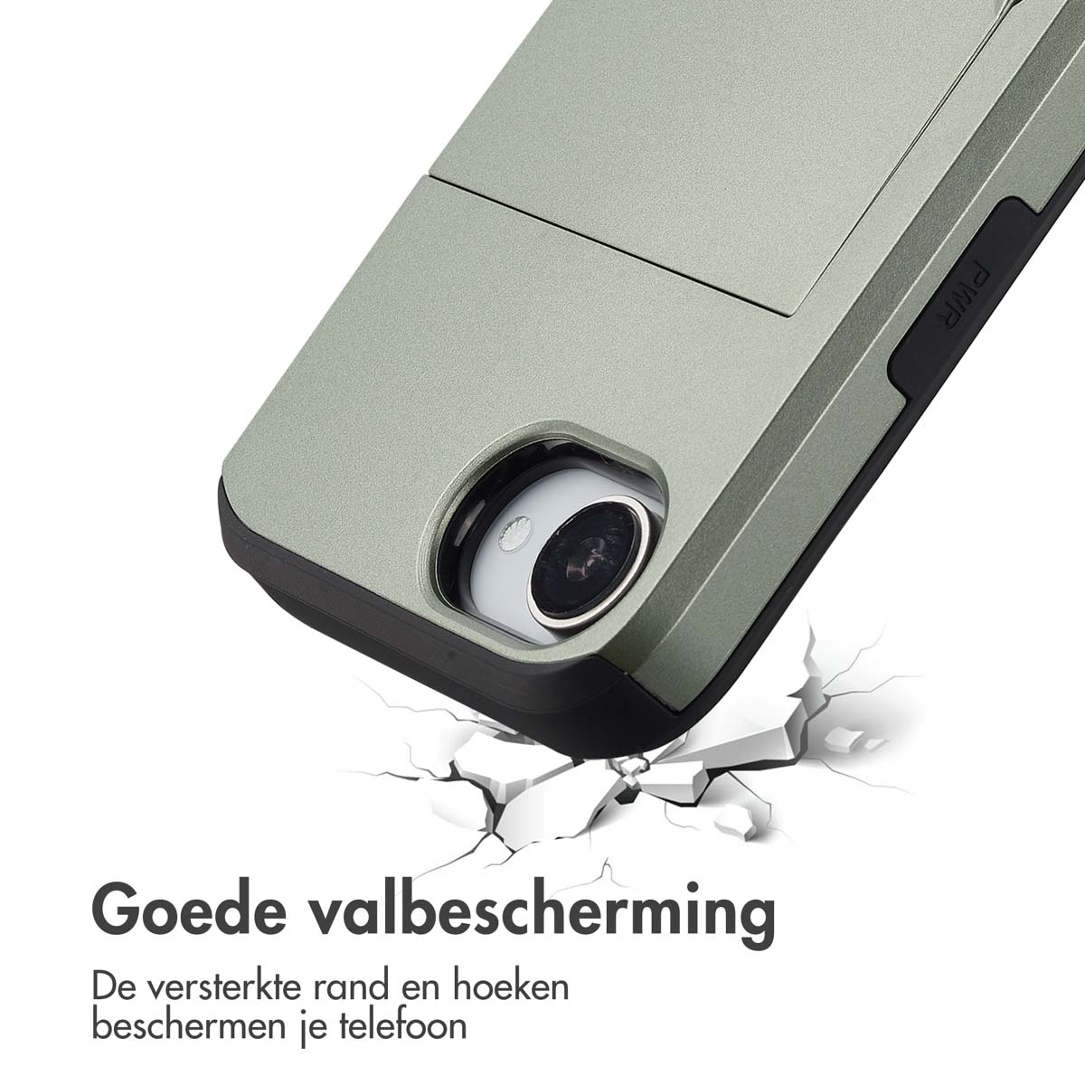 Een telefoonhoesje dat groen is. De telefoonhoes heeft een scheur om te laten zien dat het de telefoon beschermt.