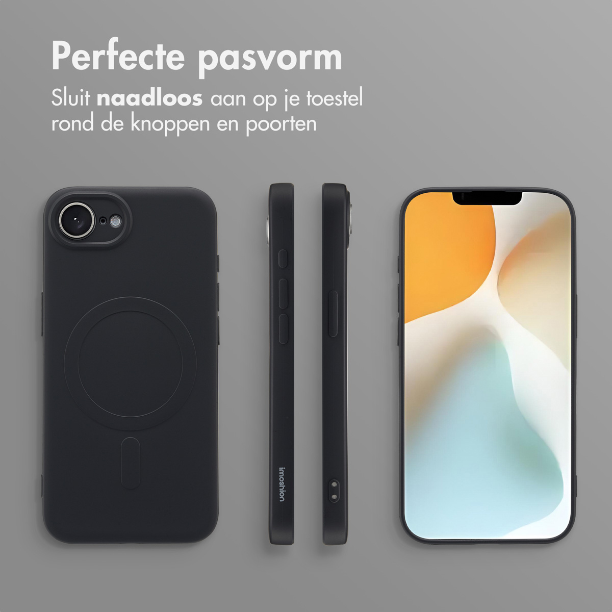 Een zwarte telefoon en hoes worden getoond. Het scherm van de telefoon staat aan.