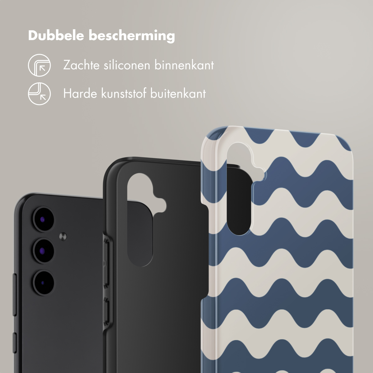 Telefono nero, custodia nera e custodia con motivo a onde. Sfondo bianco.