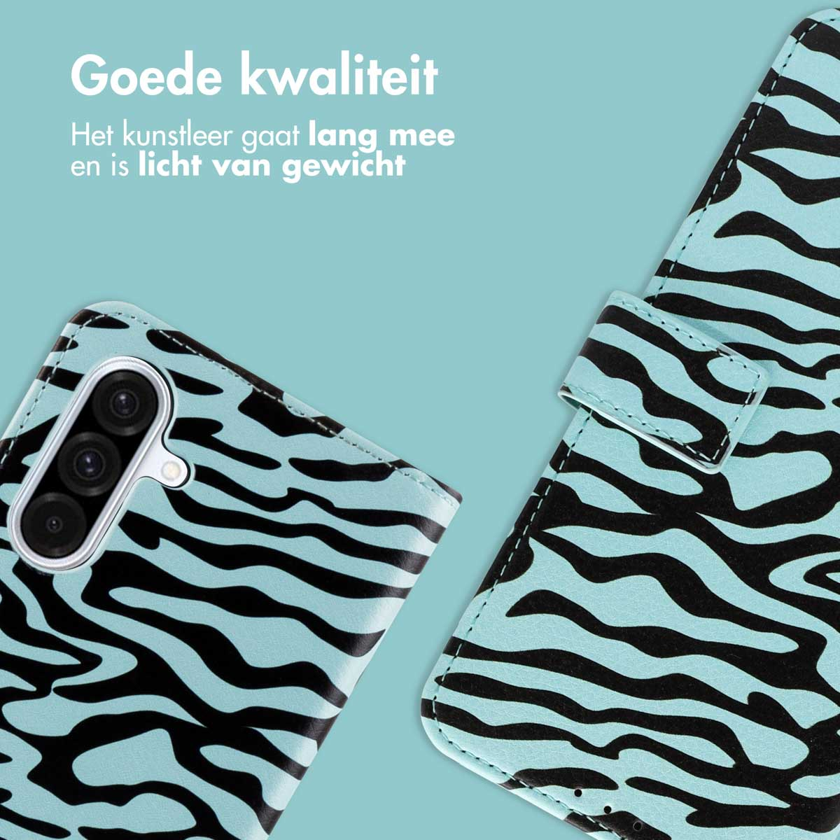 Telefoonhoesje met een zebrapatroon in zwart en blauw op een lichtblauwe achtergrond.