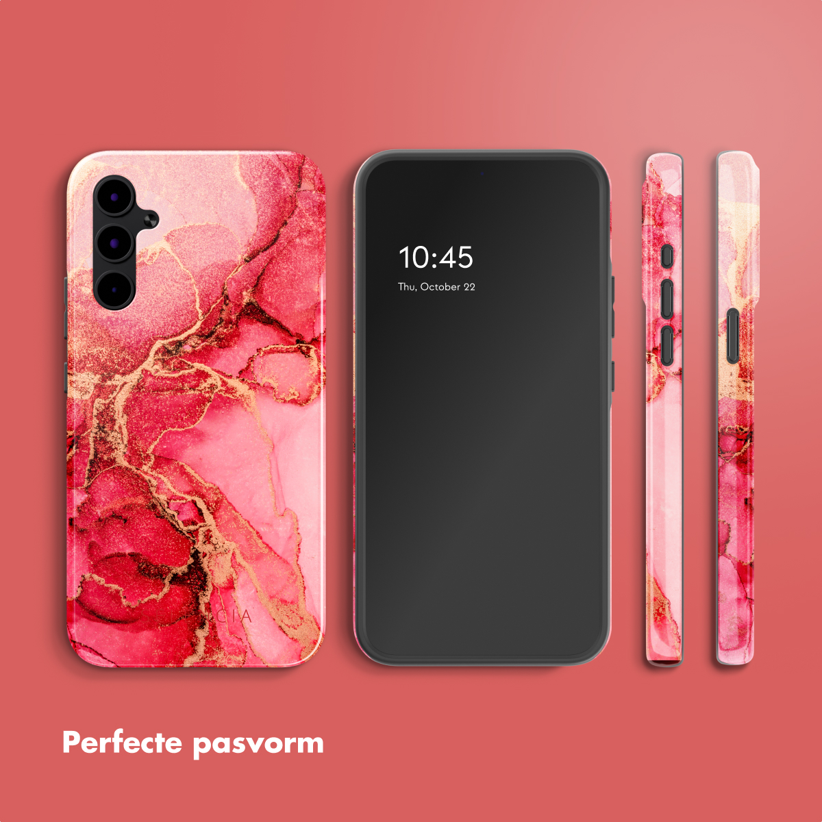 Telefoon met een rode marmeren hoes. De tijd wordt weergegeven. Drie zijden van de hoes.