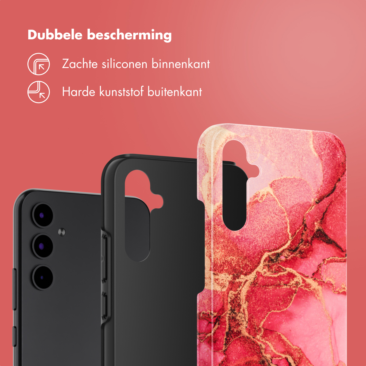 Zwarte telefoonhoesjes en een telefoonhoesje met een roze en gouden marmerontwerp.