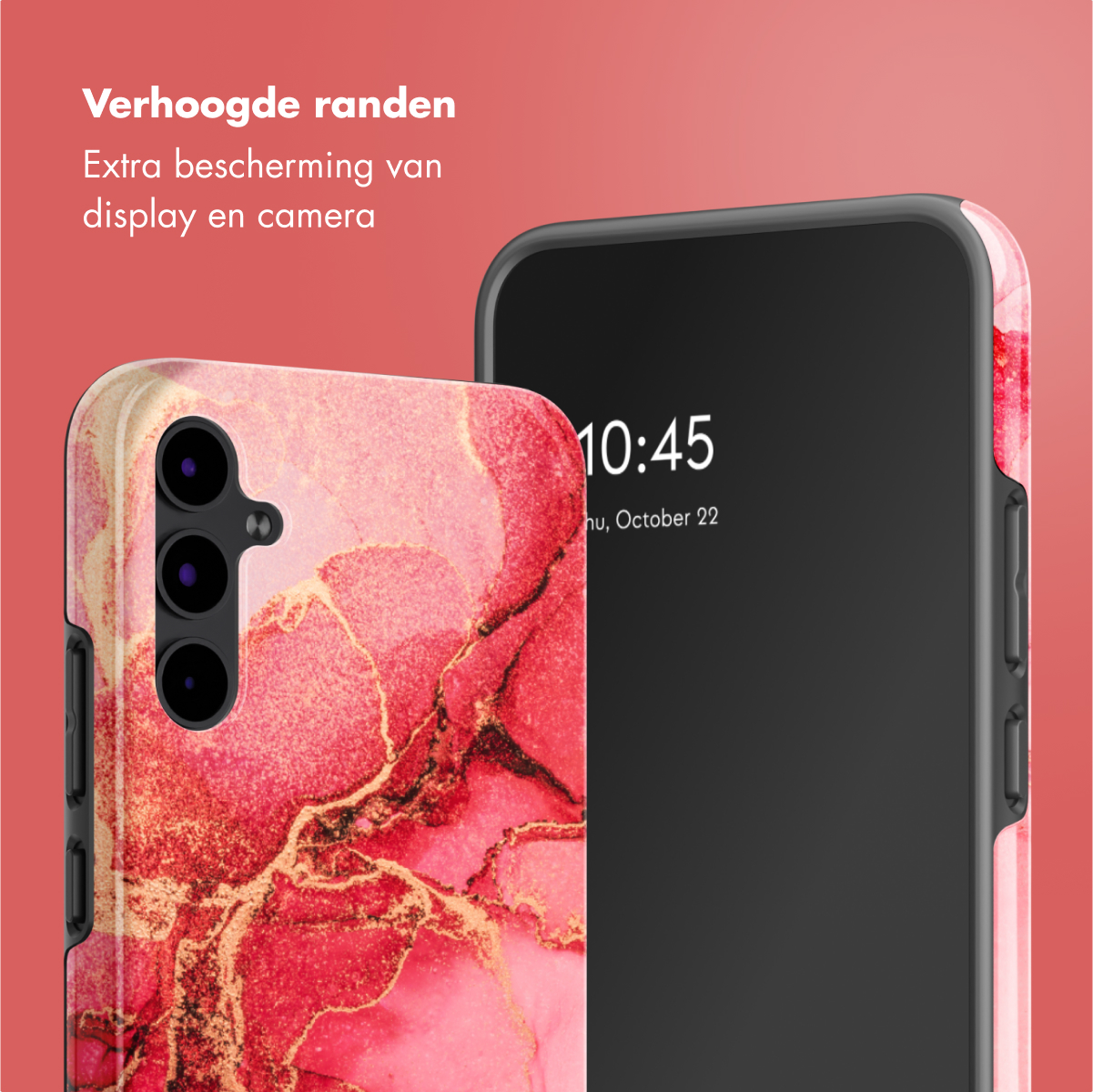 Telefoon in een hoesje met een marmerontwerp. De hoes is roze en goud.