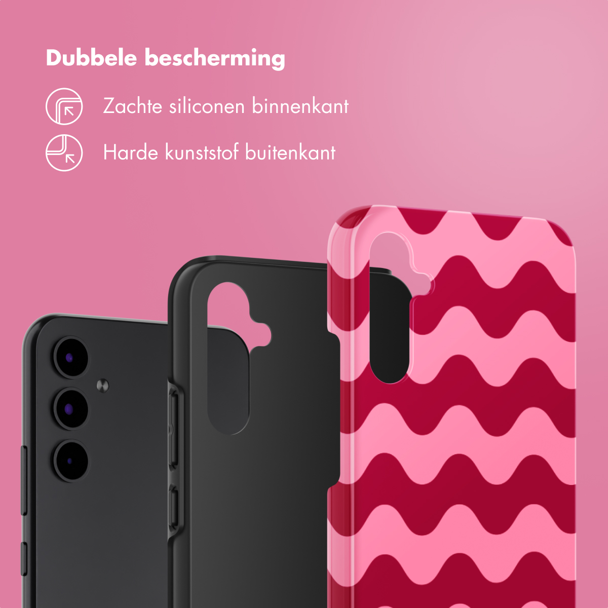 Custodia per telefono nera. Telefono nero a sinistra, custodia con motivo a onde rosa a destra. Sfondo rosa.