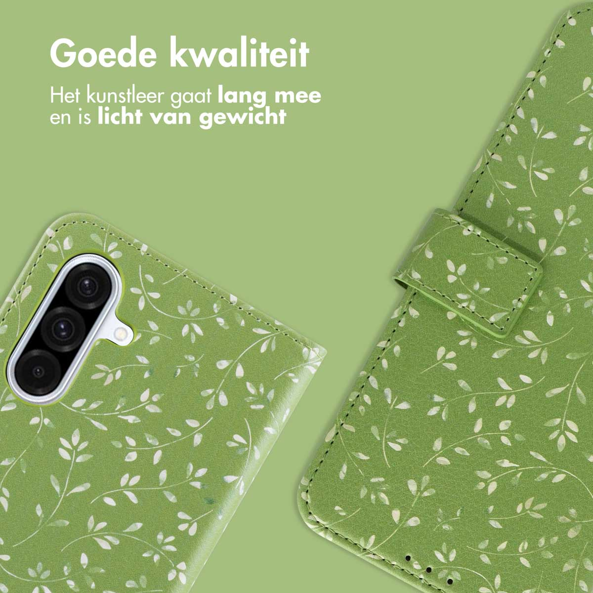 Groene telefoonhoes met wit bladerpatroon, liggend op groen oppervlak. Goede kwaliteit.
