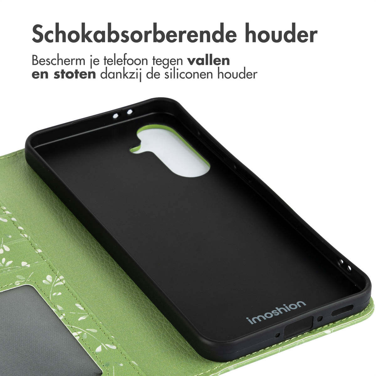 Zwarte telefoonhoes in een groene folio hoes, met imoshion logo en witte tekst.