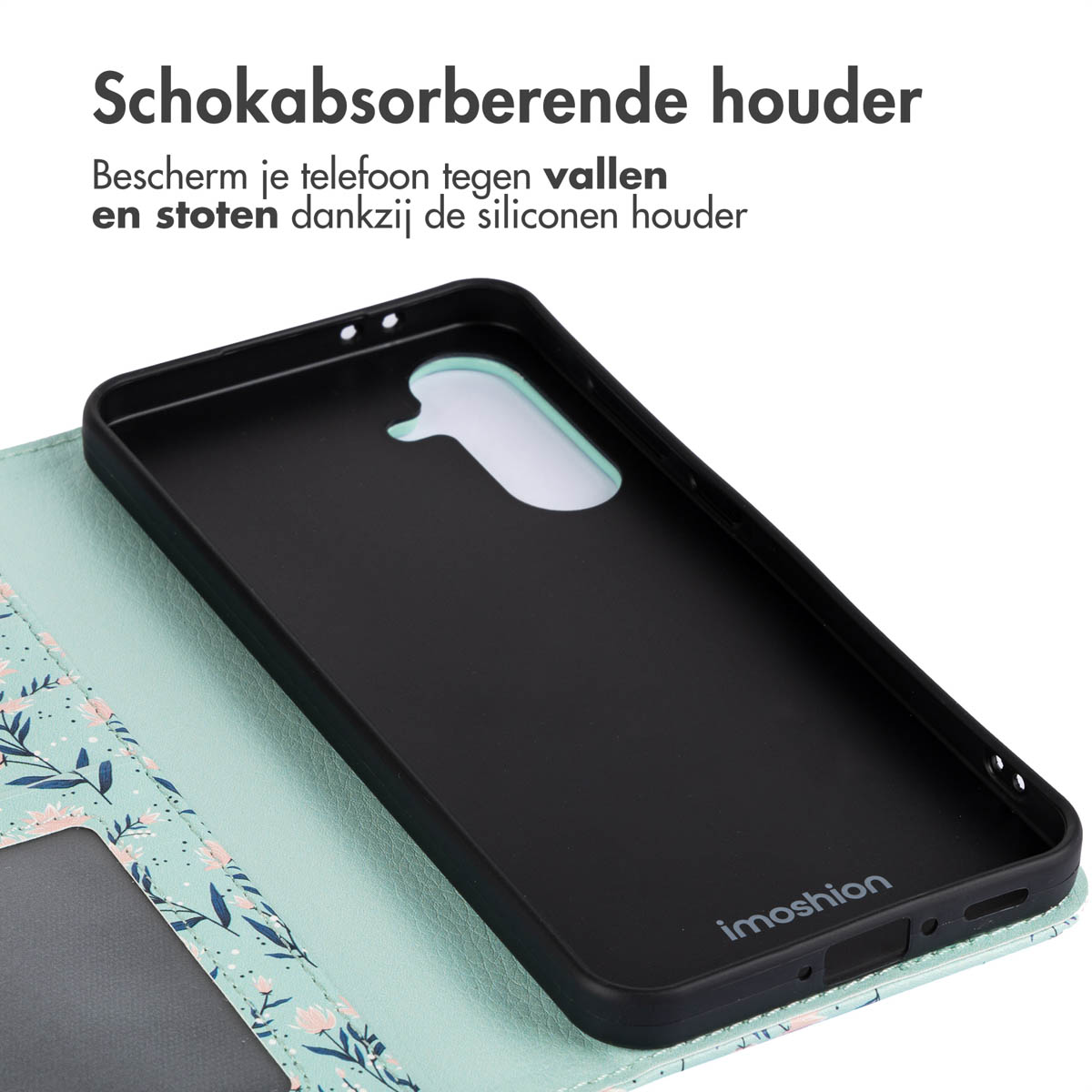 Telefoonhoes met zwart interieur. Telefoon erin. Teal hoes, wit bloemenpatroon. Display is zwart.