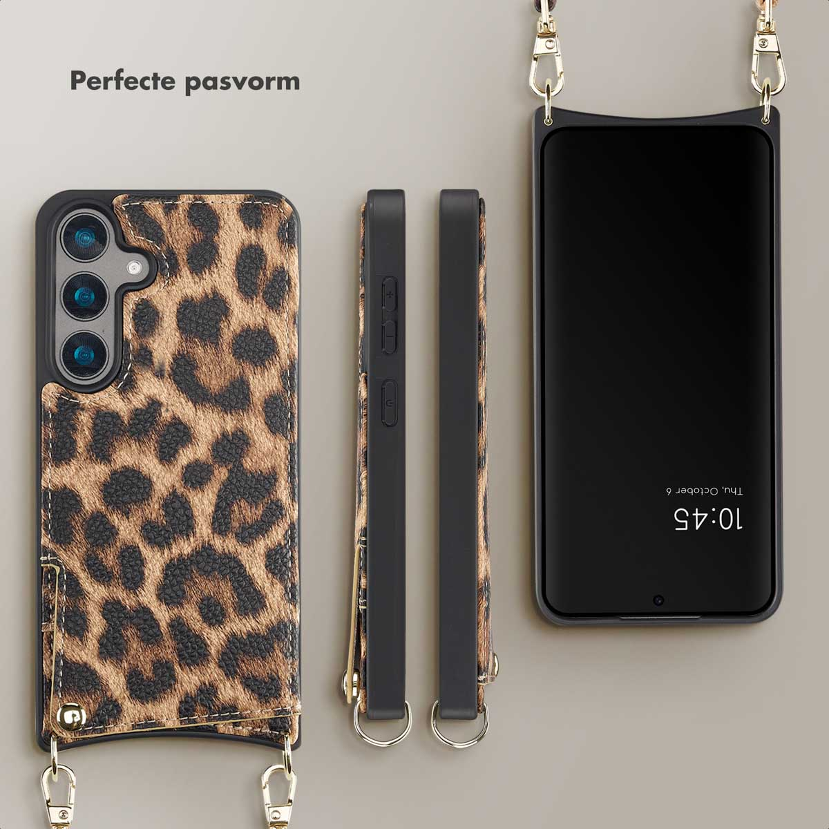 Custodia per telefono con stampa leopardata con un telefono nero e un cinturino, su una superficie.