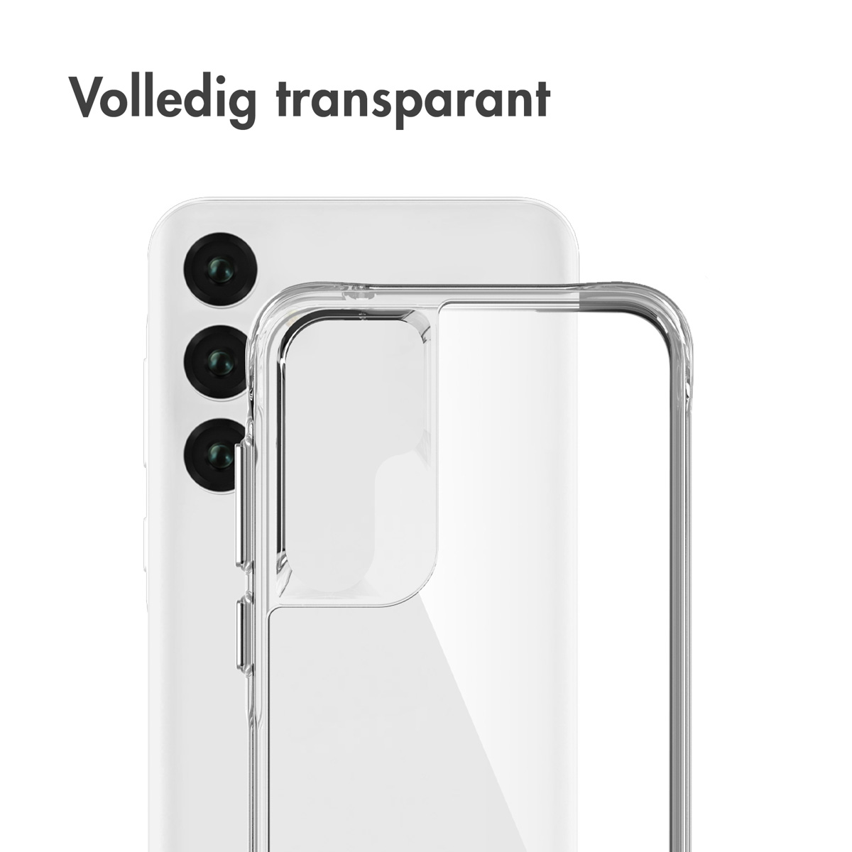 Transparant telefoonhoesje op een witte telefoon. Je kunt de camera zien.