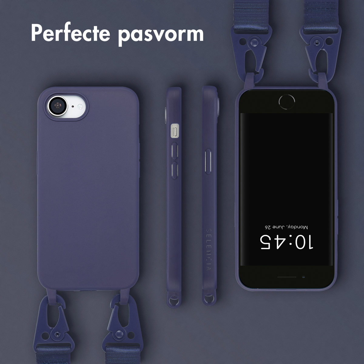 Een paarse telefoon met een hoesje met riem wordt weergegeven. Het telefoonscherm toont de tijd.
