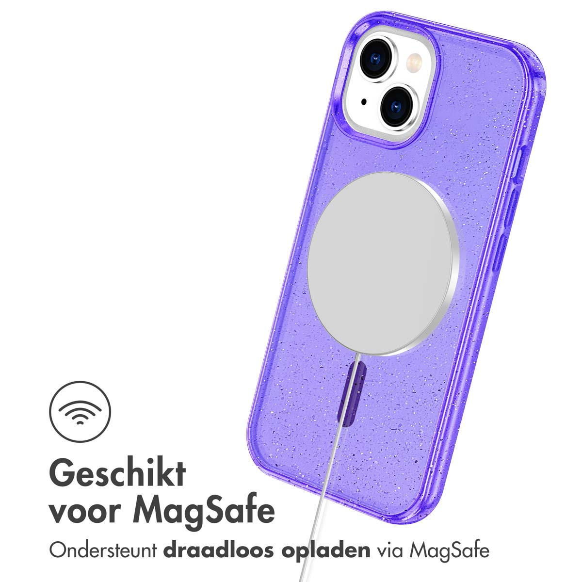 Purple glitter phone case with MagSafe charger. Case is on the phone. Text says MagSafe compatible.