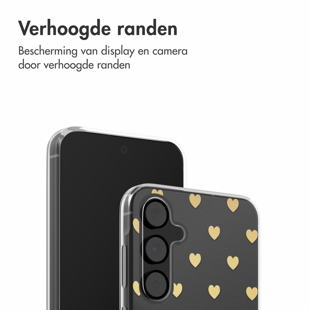 Telefoon en telefoonhoes. Zwarte telefoon met gouden hartenpatroon. Transparante hoes.