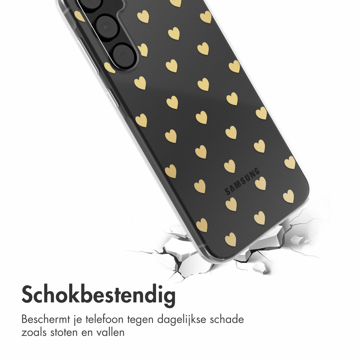 Telefoonhoesje met een zwarte achtergrond en gouden harten, met een scheureffect op de vloer.