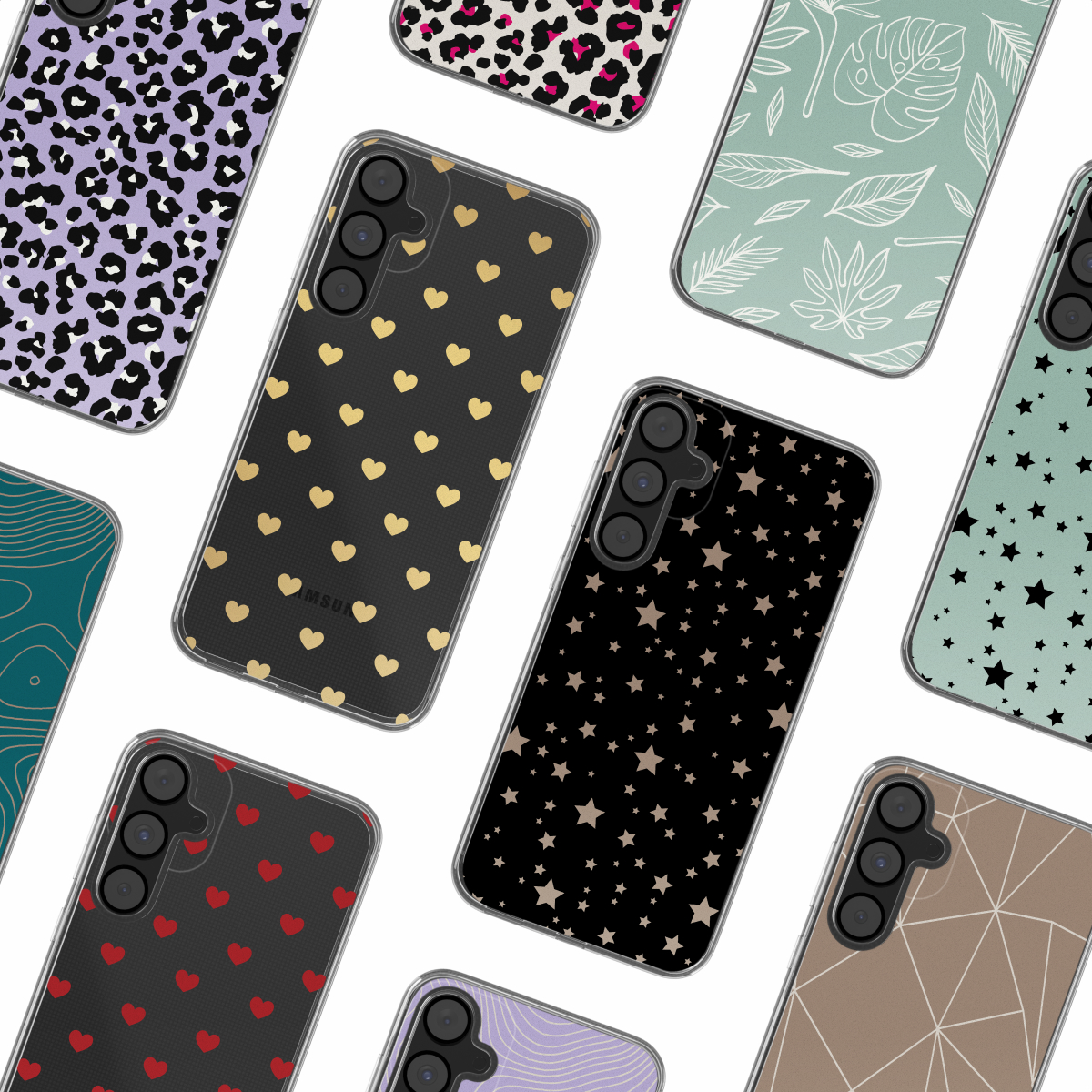 Meerdere telefoonhoesjes met verschillende patronen. Er zijn harten, sterren en andere patronen.
