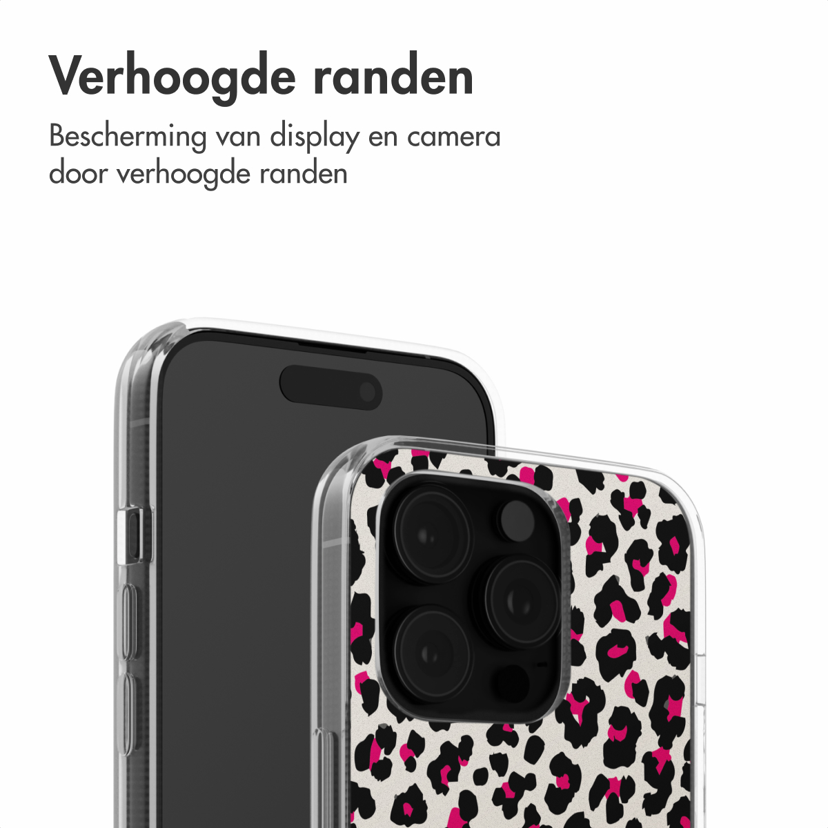 Close-up van een telefoonhoesje met een luipaardprint. Tekst: 'Verhoogde randen voor display- en camerabescherming'.