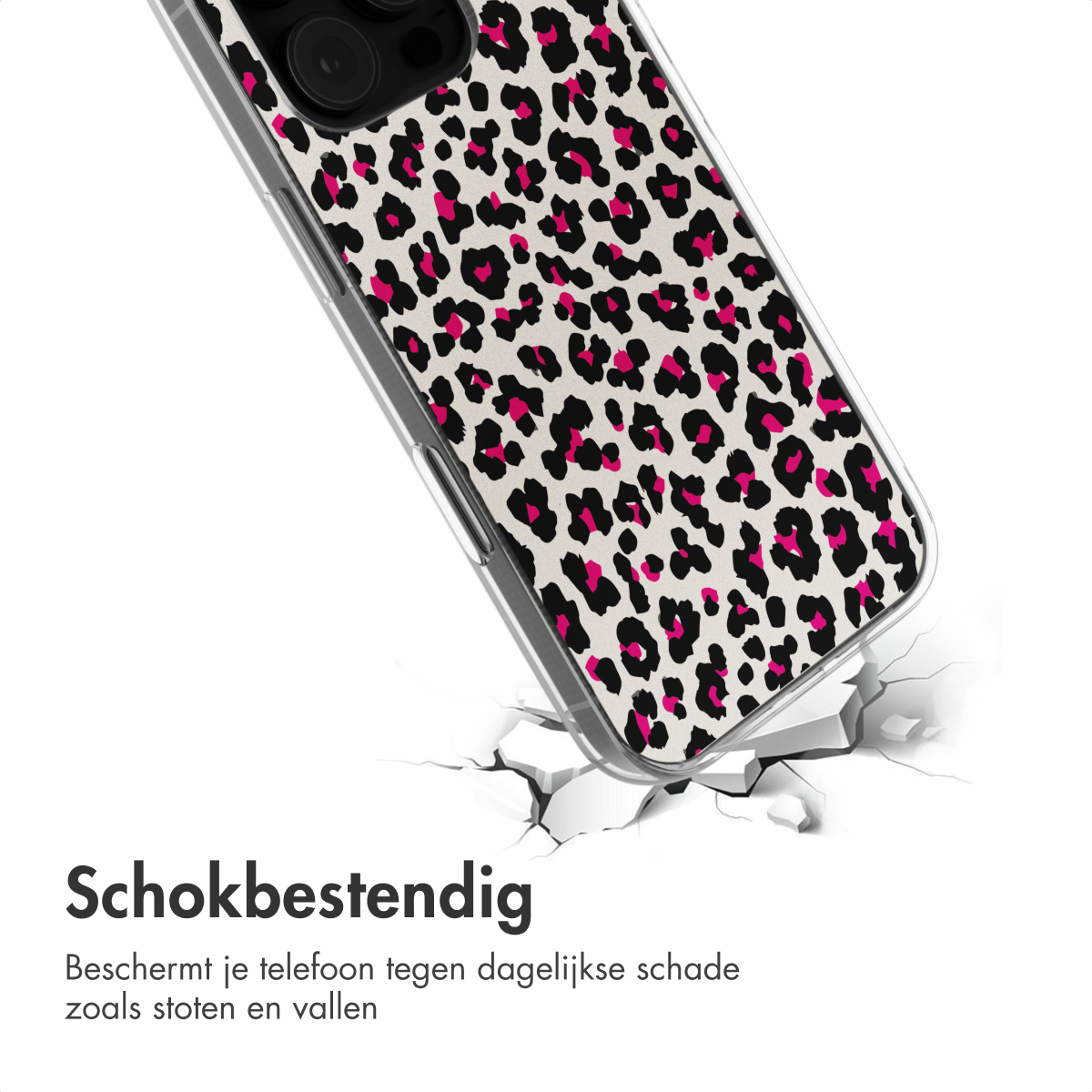 Telefoonhoesje met luipaardprint, scheuren in de grond. Witte achtergrond.