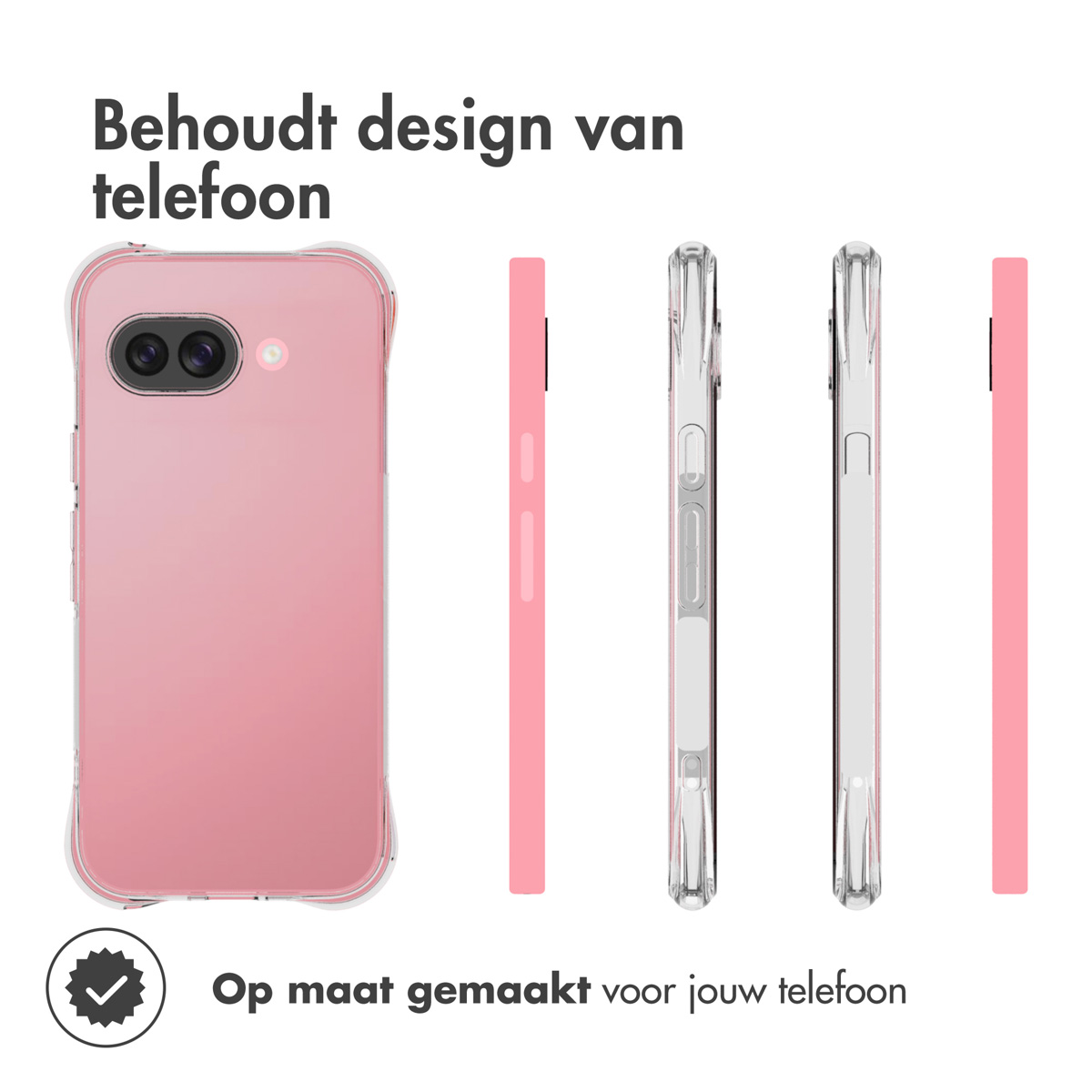 Telefoonhoes met telefoon erin en een zijaanzicht van de telefoon. Tekst zegt dat het het telefoondesign behoudt.